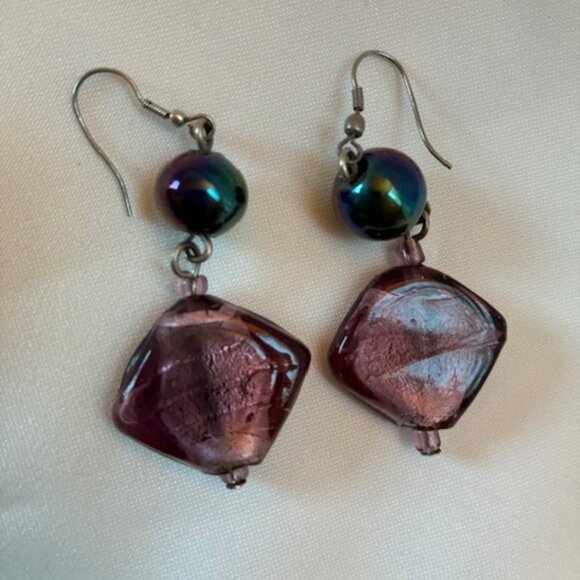 Earrings - dangling iridescent ball with purple square bead. - Picture 3 of 4